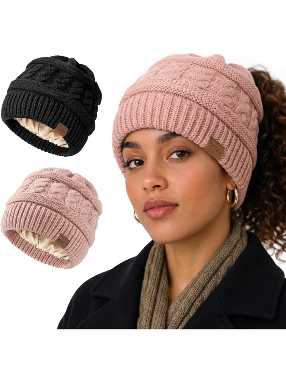 Cozy 2-Pack Women's Cable Knit Ponytail Beanie with Satin Liner - Winter Hats
